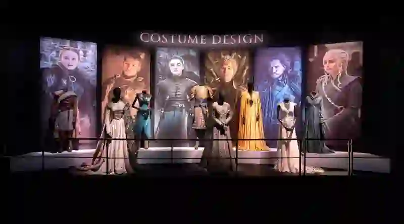 Game of Thrones Studio Tour costume gallery in Banbridge, with detailed outfits and character portraits on display.