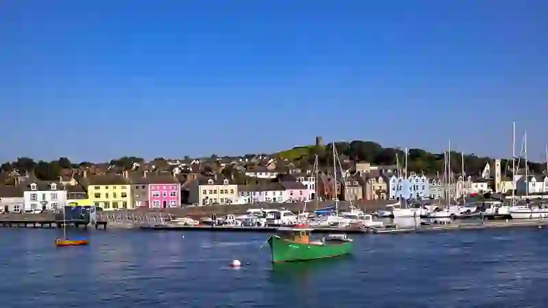 Portaferry Marina with colourful harbourfront houses and boats, County Down.