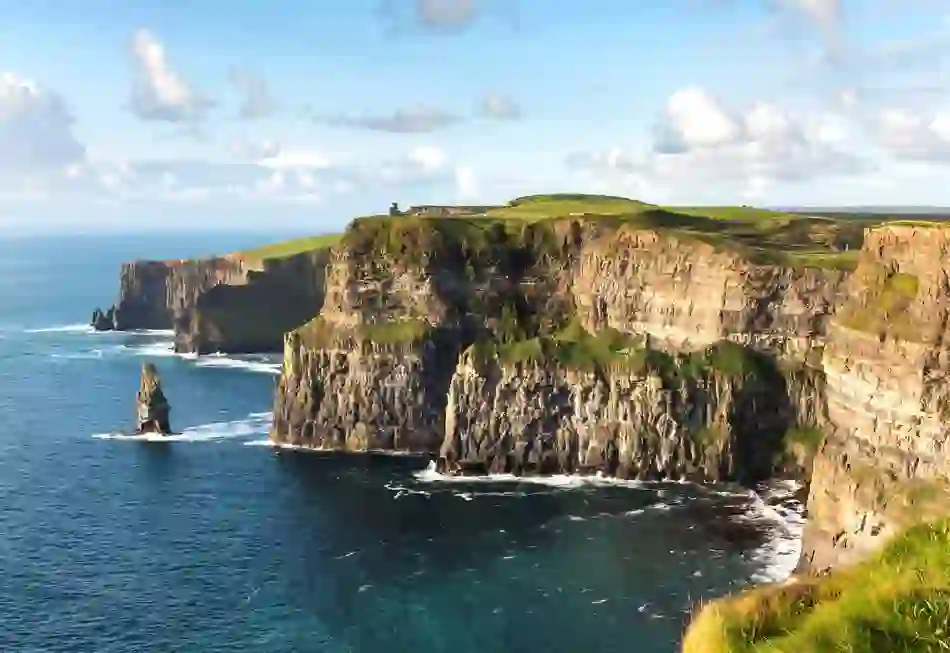 Sheer sea cliffs and crashing Atlantic waves at the iconic Cliffs of Moher in County Clare, Ireland.