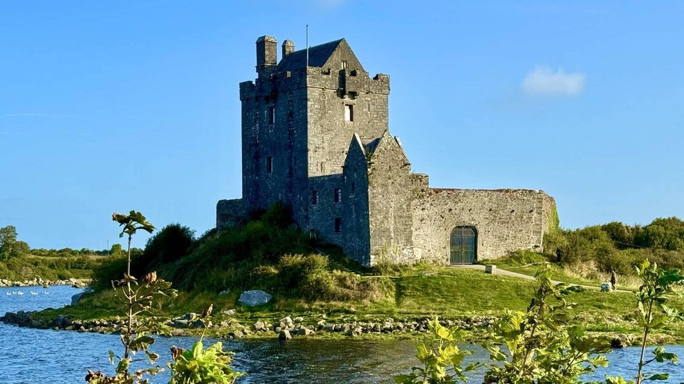 Dunguaire Castle stands above greenery beneath a clear blue sky in bright morning light.