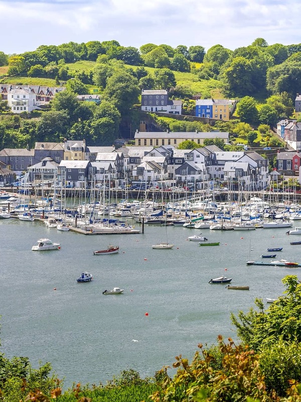 Aerial view of colourful Kinsale town and marina on Ireland’s Wild Atlantic Way in County Cork.