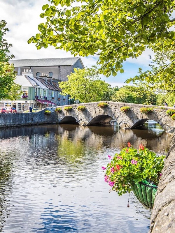 Stone bridge with flower boxes over calm river, surrounded by trees and colourful town buildings in Westport, County Mayo.