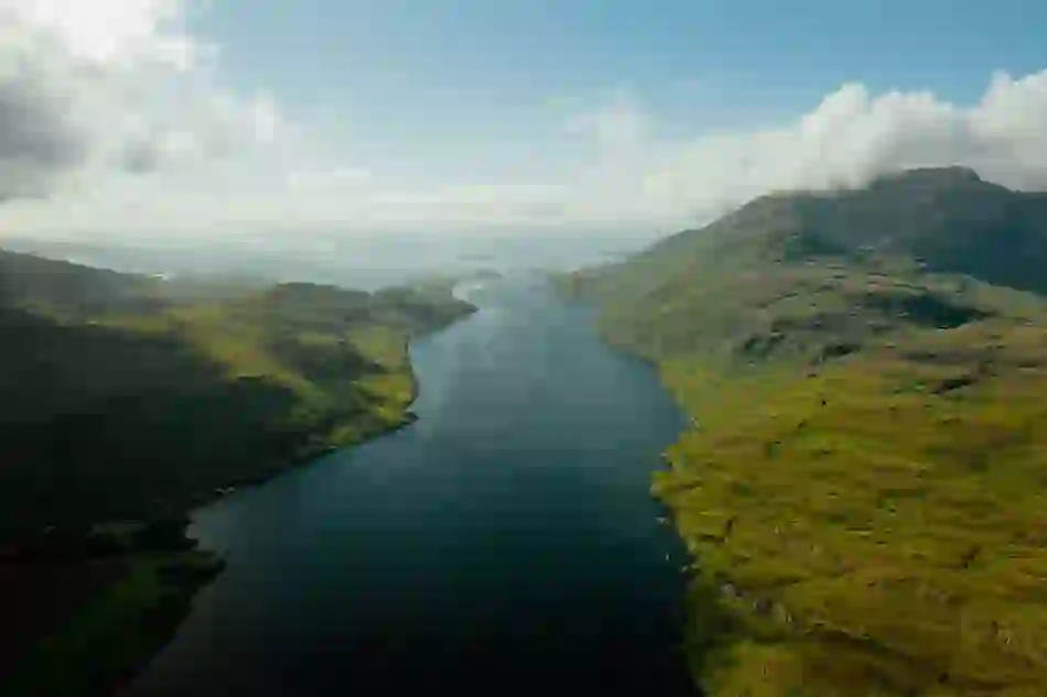 Aerial view of Killary Fjord winding between the mountains of Connemara, County Galway.
