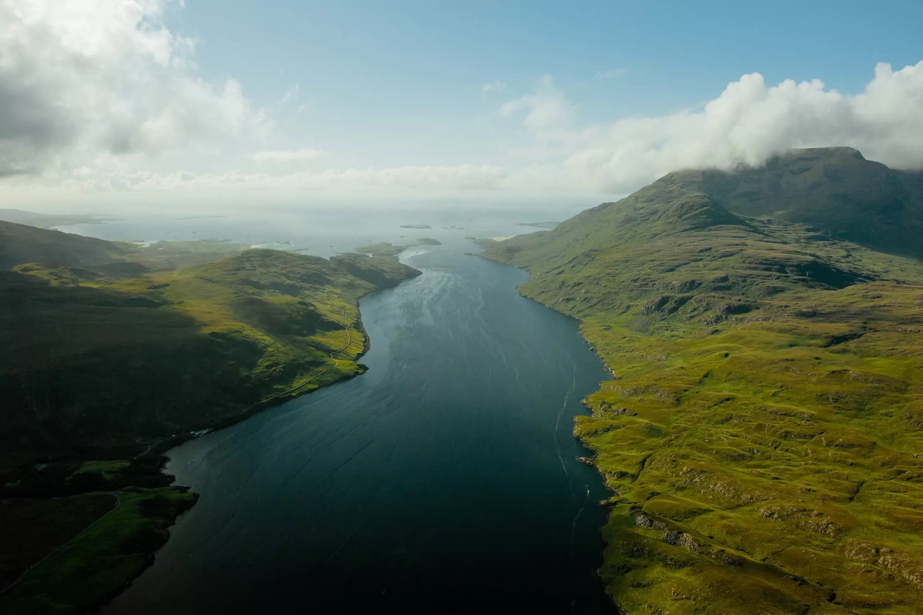 Aerial view of Killary Fjord winding between the mountains of Connemara, County Galway.