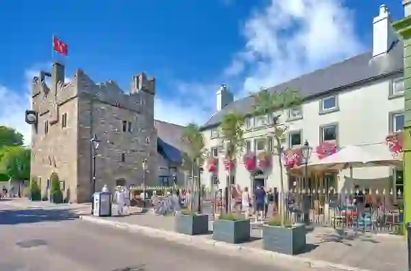 Dalkey Castle and The Queen’s pub on Castle Street, County Dublin, with outdoor dining and colourful flower displays.