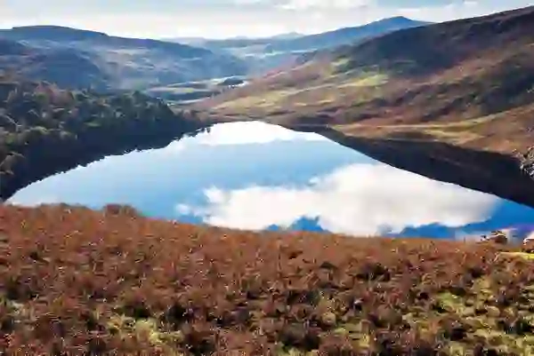 Lough Tay in the Wicklow Mountains reflecting blue sky, surrounded by rolling hills and heather-covered slopes.