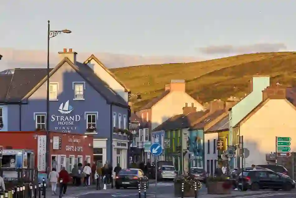 Colourful shops and traditional streets in Dingle town on the Dingle Peninsula, County Kerry.