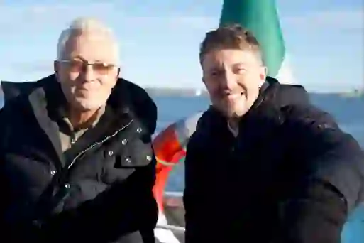 Martin and Roman Kemp aboard a ferry near Spike Island in Cork Harbour.
