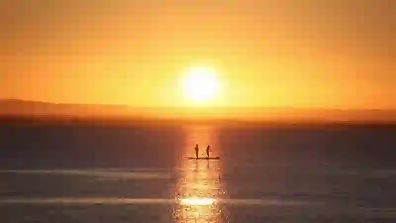 Paddleboarders drift across Galway Bay at sunset off Salthill, silhouetted in golden light.