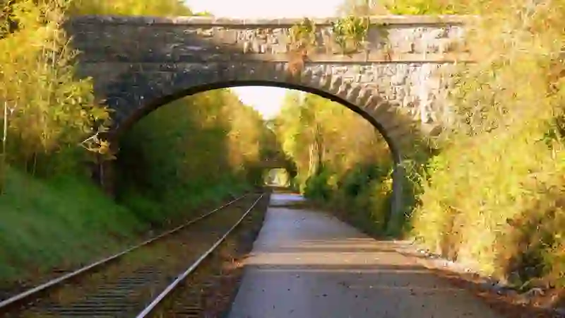 Old Rail Trail runs beneath a stone bridge through autumn woodland, County Westmeath.