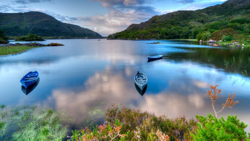Kalm meer in Killarney met beboste heuvels die weerspiegelen in het water en kleine boten die aangemeerd liggen langs de grasrijke oever.