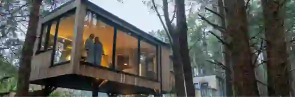 Cabane forestière de Burrenmore Nest avec de grandes fenêtres montrant un couple en peignoirs surplombant une forêt au crépuscule dans le comté de Londonderry.