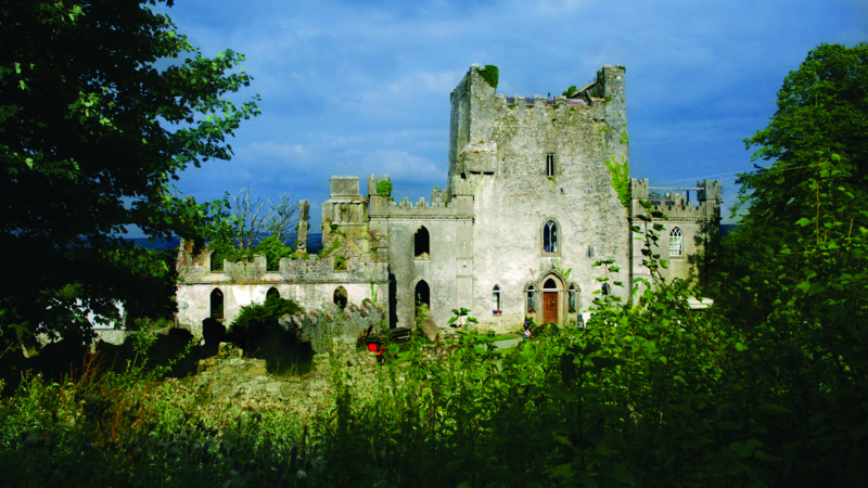 Leap Castle surrounded by gardens and medieval walls in County Offaly.