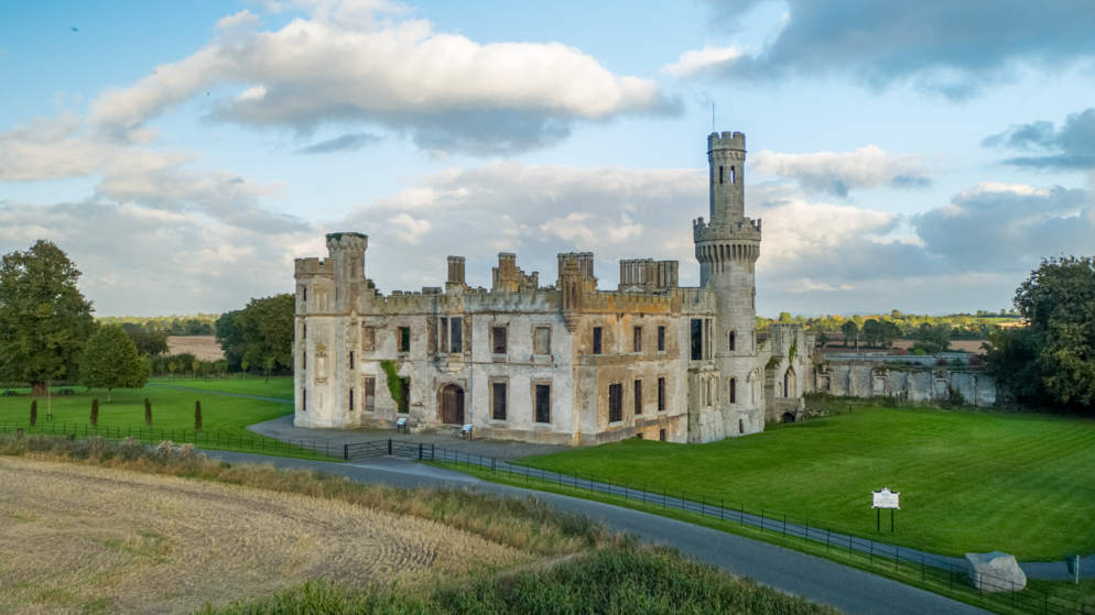 Duckett's Grove ruins with Gothic towers and landscaped grounds in County Carlow.