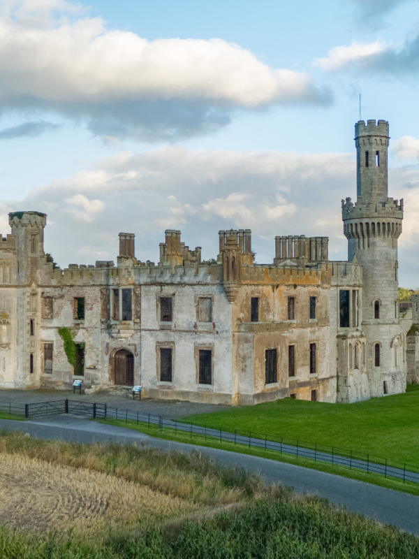 Duckett's Grove ruins with Gothic towers and landscaped grounds in County Carlow.