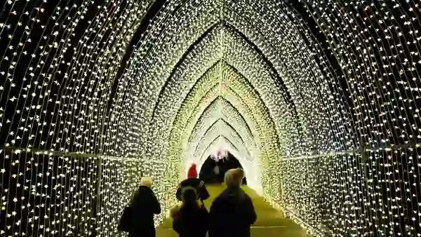 Besucher des Hillsborough Castle in der Grafschaft Down spazieren durch einen Tunnel aus funkelnden Weihnachtslichtern, der einen Bogen aus warmem, goldenem Licht über sie spannt.