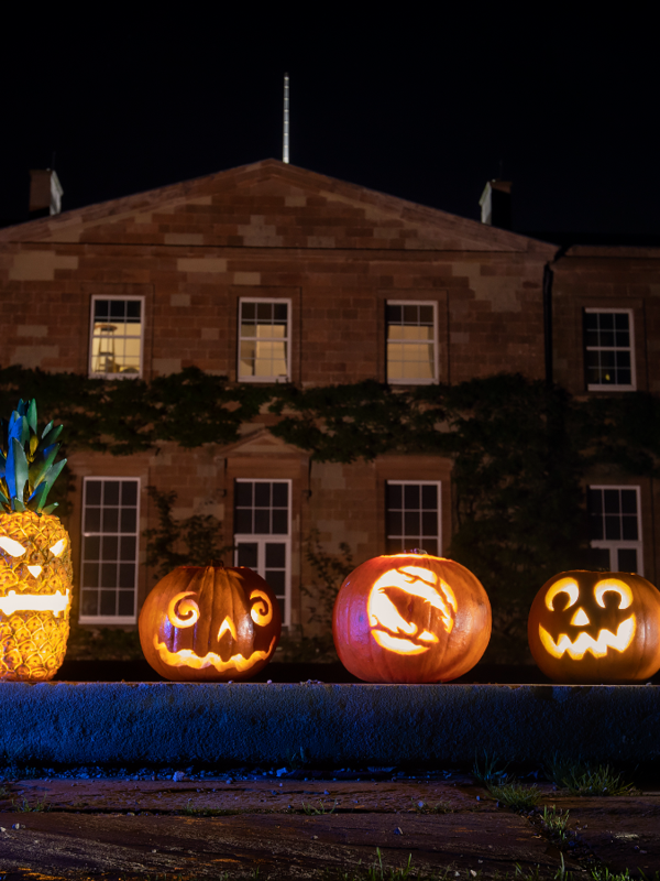 Carved Halloween pumpkins outside Hillsborough Castle at night in Royal Hillsborough, County Down.