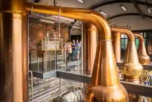 Visitors viewing copper pot stills during a guided tour at Hinch Distillery, County Down.