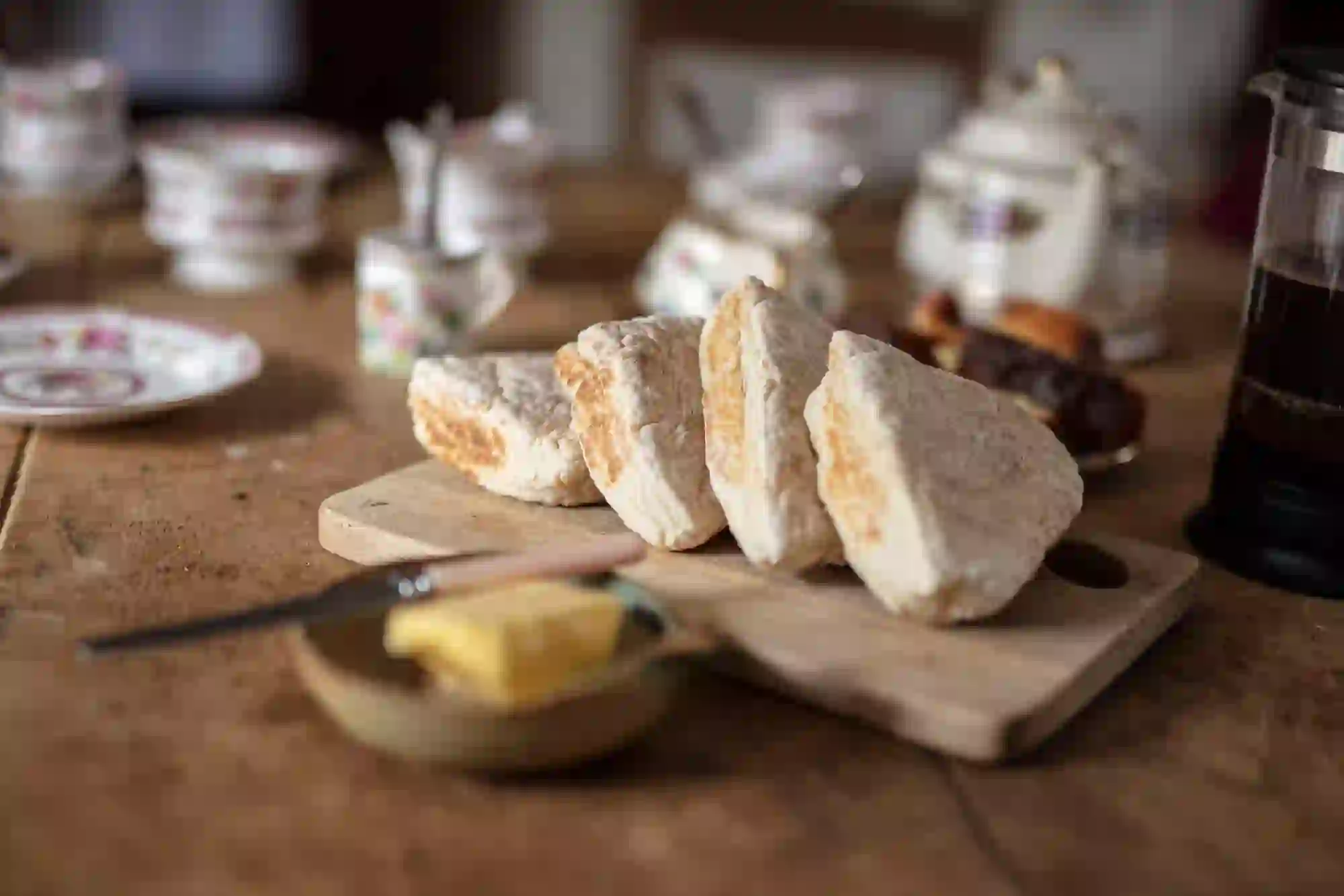 Fresh soda bread and butter on a table at Tracey's Farmhouse Kitchen, Strangford Lough, County Down.