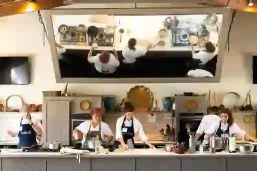 Chefs prepare dishes in the teaching kitchen at Ballymaloe Cookery School, County Cork.