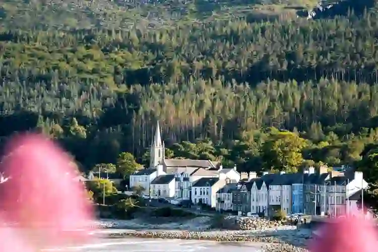 Coastal view of Newcastle, County Down, with colourful houses, a church spire and forested hills in the background.