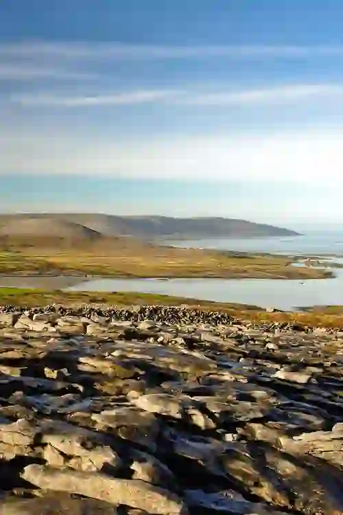 Krijtstenen landschap met uitzicht op de kust en de landbouwgrond van de Burren, Clare.