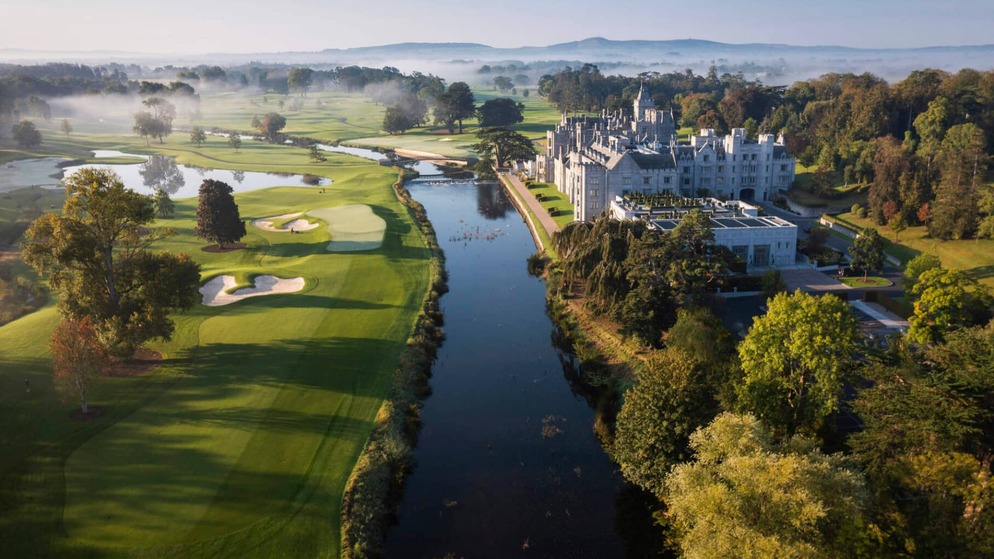Aerial view of golf courses and grounds at Adare Manor used to promote Irish golf tournaments.