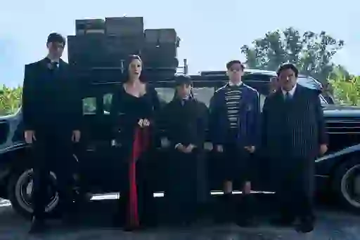 Full portrait of The Addams Family from the hit Netflix show, Wednesday.