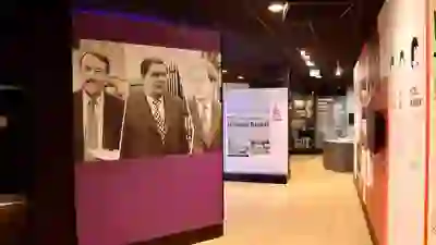 Pannelli fotografici nel Peacemakers Museum a Derry~Londonderry che esplorano la storia politica dell'Irlanda del Nord.