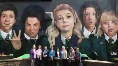 Alcuni visitatori che partecipano al Derrie Danders Walking Tour si fermano ad osservare un ampio murale delle Derry Girls su un muro della città a Derry~Londonderry.