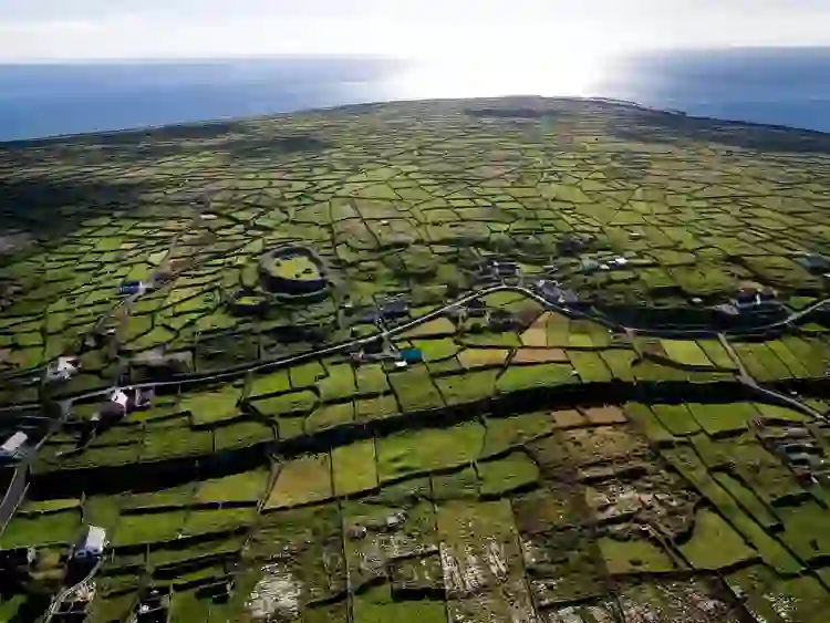Patchwork of stone-walled green fields on Inis Meáin stretching toward the Atlantic Ocean.