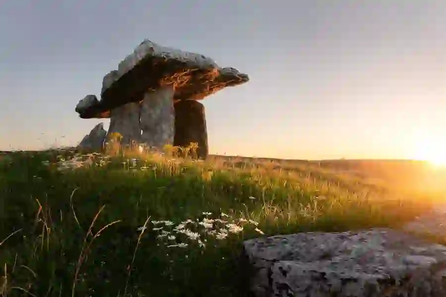 The flat capstone and upright stones of a dolmen stand on wildflower-dotted limestone, under a warm sunset glow.