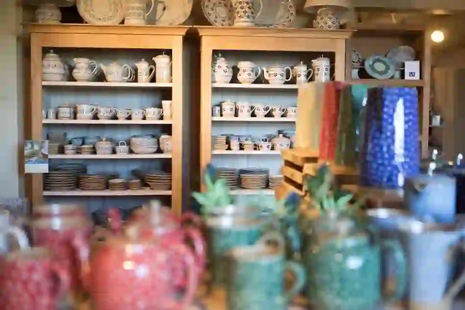 Shelves lined with patterned ceramics and jugs at Nicholas Mosse Pottery in Kilkenny.