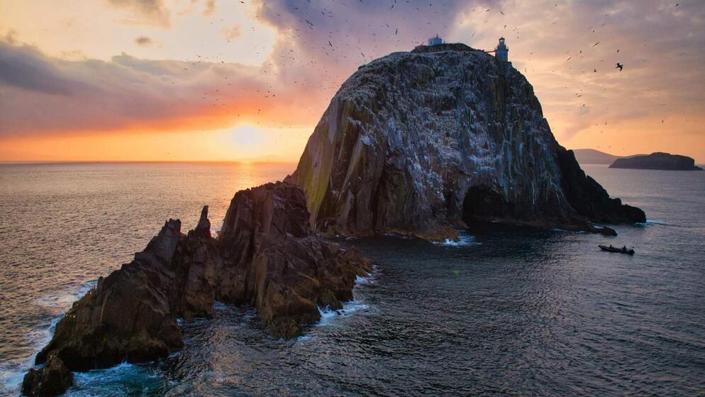 Sonnenuntergang hinter Little Skellig Island vor der Küste von Kerry mit Leuchtturm und Seevögeln, die um den zerklüfteten Felsvorsprung kreisen.