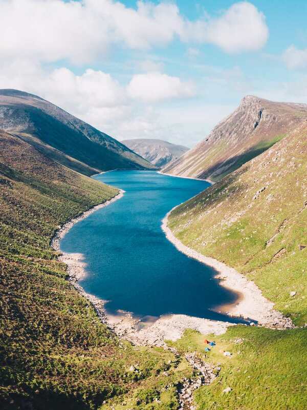 Silent Valley Reservoir winding between steep slopes of the Mourne Mountains in County Down.