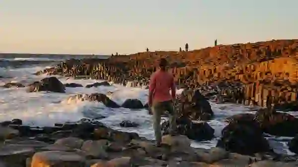 Iemand die tussen de basaltkolommen van de Giant's Causeway in county Antrim staat.
