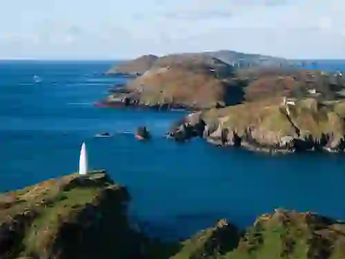View of the Baltimore Beacon overlooking Sherkin Island and the Atlantic Ocean in West Cork.