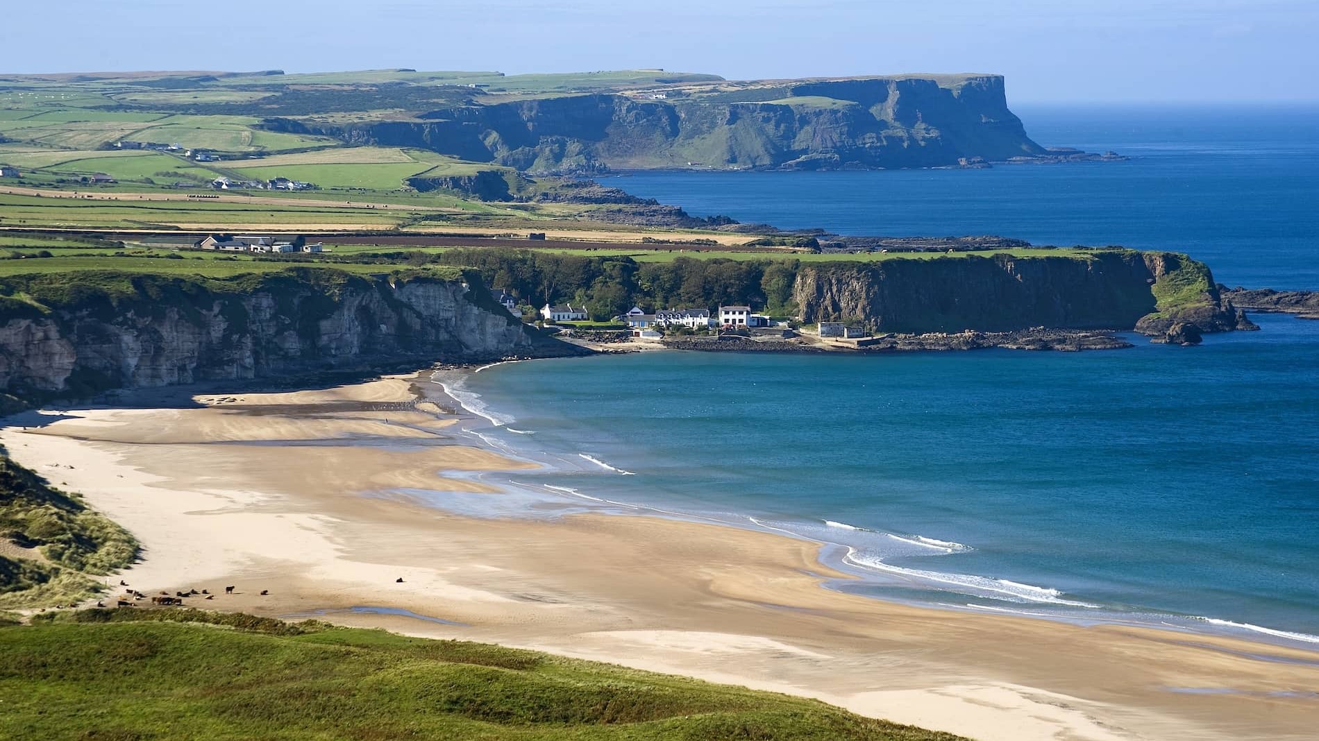 Een panoramisch uitzicht op Whitepark Bay met turquoise zee en witte huisjes genesteld onder de kliffen, county Antrim.