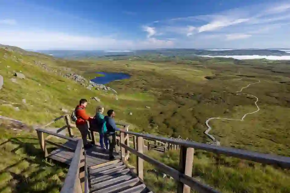 Randonneurs sur le parcours de la passerelle de Cuilcagh, surplombant la tourbière et le lac de montagne du comté de Fermanagh.