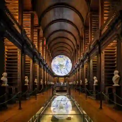 Long Room at Trinity College Dublin Library with Luke Jerram's Gaia Earth installation suspended above the central aisle.