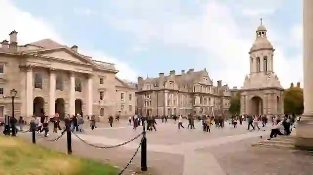 Front Square at Trinity College Dublin with the Campanile and historic buildings.