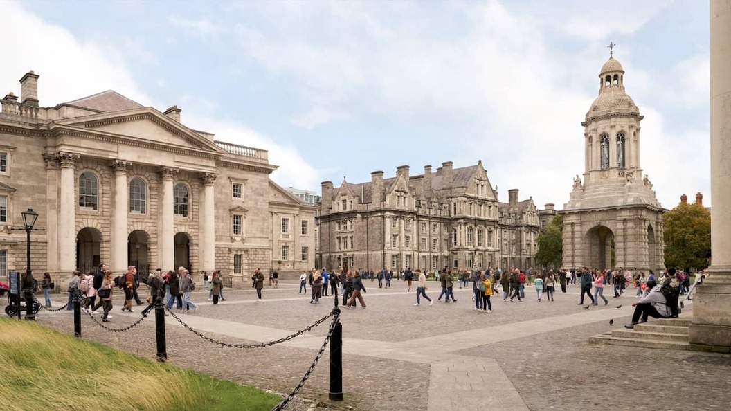 Front Square at Trinity College Dublin with the Campanile and historic buildings.
