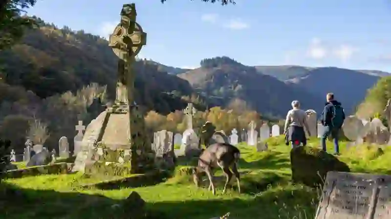 Celtic cross and gravestones in Glendalough cemetery with Wicklow hills in the background.