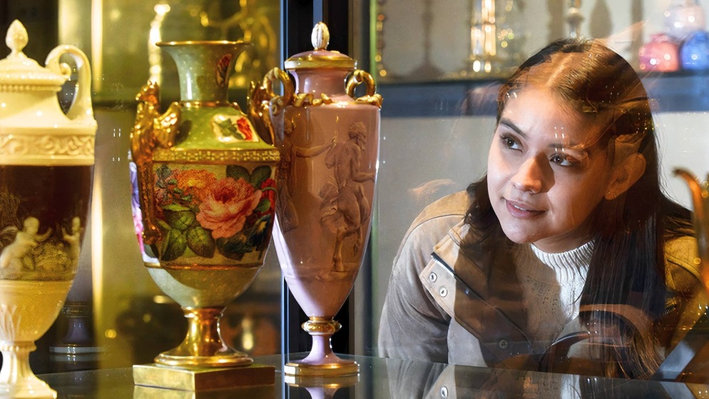 Een jonge vrouw bekijkt versierde keramische vazen in een vitrine in het Nationaal Museum van Ierland.