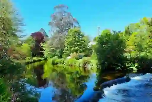 River and small waterfall reflecting colourful trees and blue sky in Mount Usher Gardens, County Wicklow.