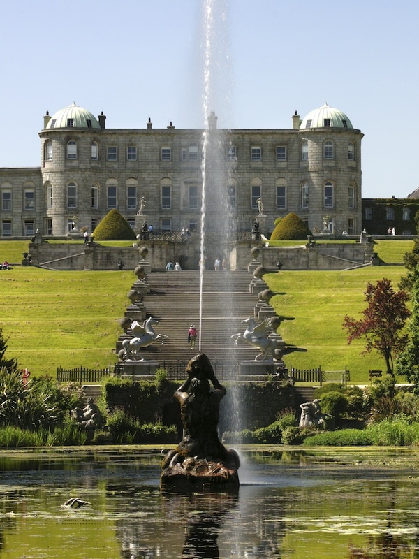 Fountain and grand staircase leading to Powerscourt House in County Wicklow.