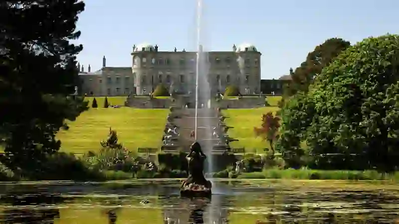 Fountain and grand staircase leading to Powerscourt House in County Wicklow.