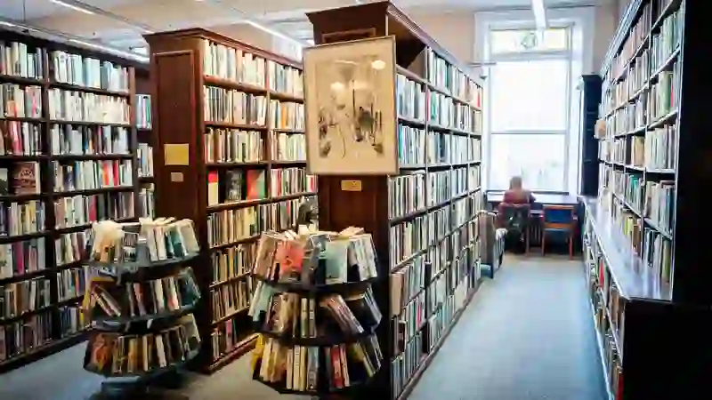 Bookshelves and reading area inside Belfast's historic Linen Hall Library.