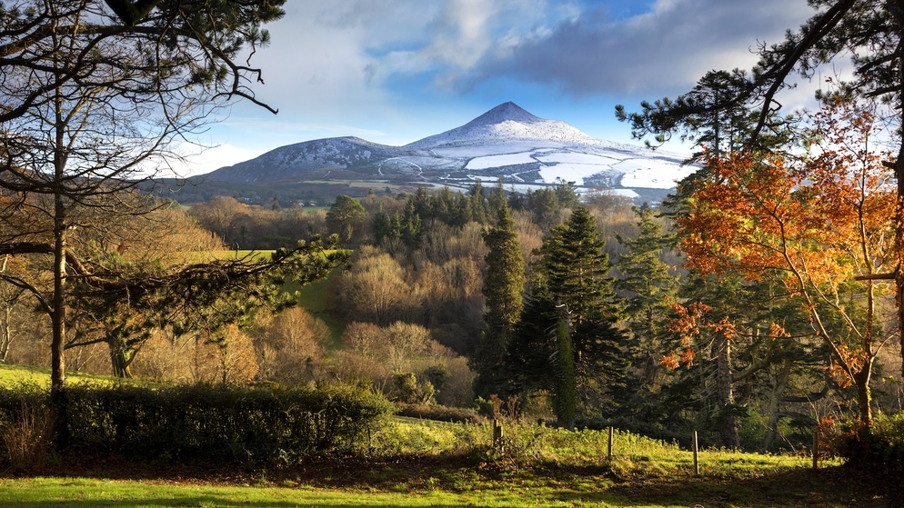 Sugarloaf Mountain, Wicklow Mountains National Park, County Wicklow. Snow-dusted peak above autumn woodland.