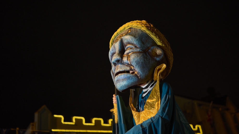 A striking illuminated figure takes part in the Púca Festival procession in County Meath, bringing Irish folklore to life after dark.